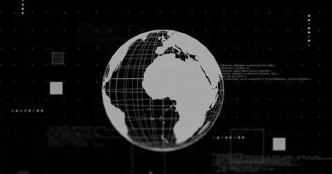 Image of globe and data processing over black background 写真素材