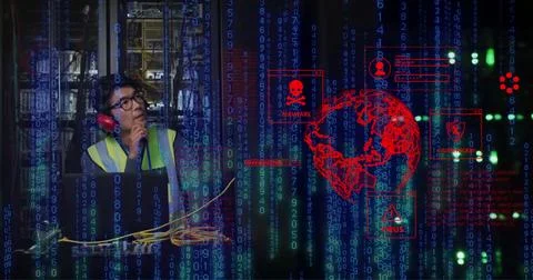 Image of globe and data processing over asian male it engineer and computer Stock Photos