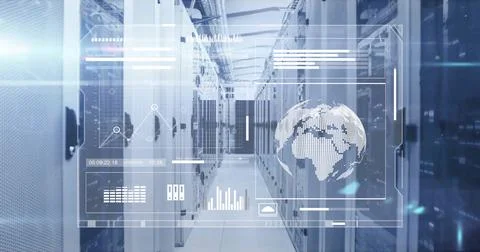 Image of globe and data processing on interface over server room 스톡 사진