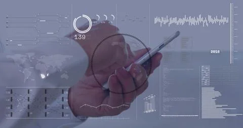 Image of globe and data processing over caucasian man using smartphone in office 库存照片