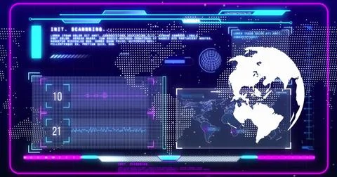 Image of globe and data processing over screens on dark background 스톡 사진