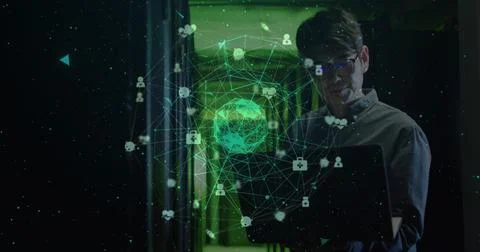 Image of globe and data processing over asian male worker in server room Foto stock