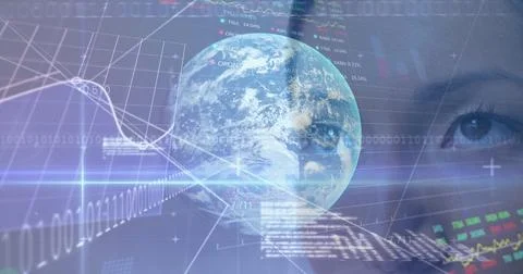 Image of globe and data processing over woman's face in background Stock Photos