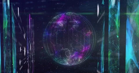 Image of globe and data processing on black background 스톡 사진