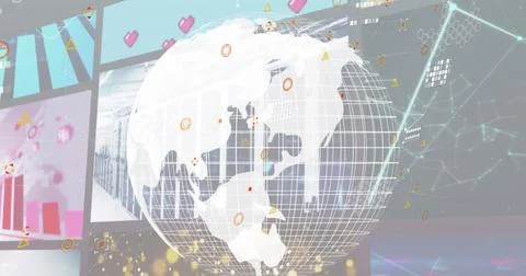 Image of globe, and data processing on digital screens 写真素材