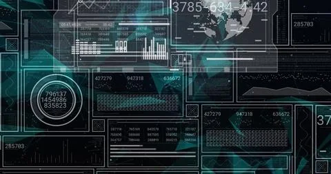 Image of globe and data processing on black background Stock Photos