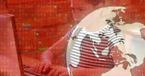 Image of globe and data processing over caucasian schoolgirl using computer Stockfoto's