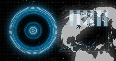 Image of globe and diagrams over scope scanning Stock Illustration