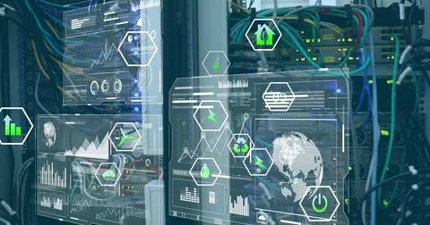Image of globe and digital data processing over computer servers Illustrazione stock