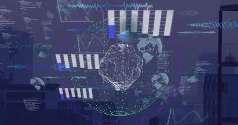 Image of globe and digital data processing over dark background Stock Illustration