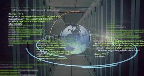 Image of globe and digital data processing over computer servers Illustrazione stock