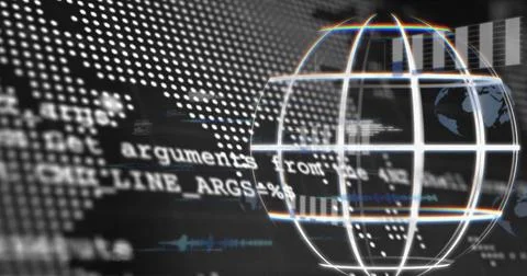 Image of globe and digital data processing over black background Illustrazione stock