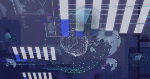 Image of globe and digital data processing over dark background Stock Photos