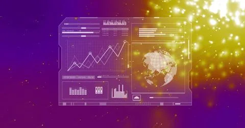 Image of globe and digital data processing over glowing spots on dark background Stock Photos