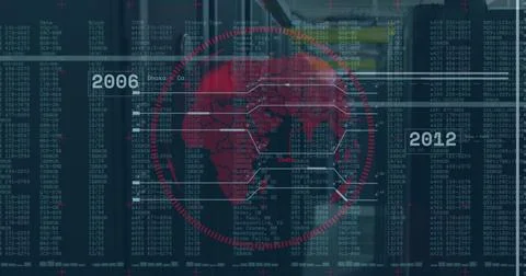 Image of globe and financial data processing over black background Stockillustratie