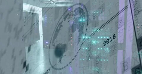 Image of globe and financial data processing over server room イラスト素材