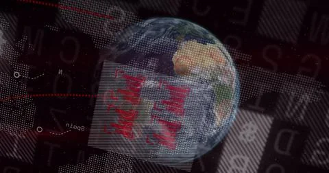 Image of globe and financial data processing over black background Illustrazione stock