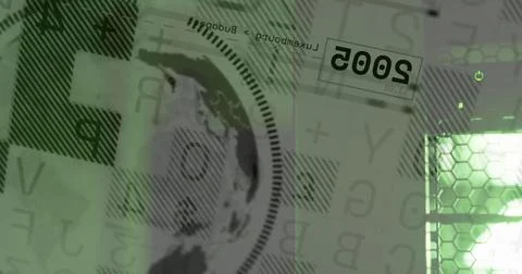 Image of globe and financial data processing over green background Illustrazione stock