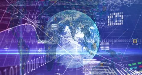 Image of globe and financial data over navy background Ilustração Stock