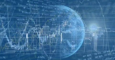 Image of globe and financial data processing over 3d cityscape drawing Illustrazione stock