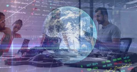 Image of globe and financial data processing over diverse business people i.. Foto stock