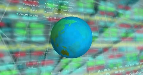 Image of globe and financial data processing 写真素材
