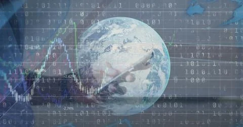 Image of globe and financial data processing over warehouse Stock Photos