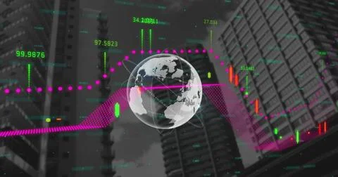 Image of globe and financial data processing over cityscape 스톡 사진