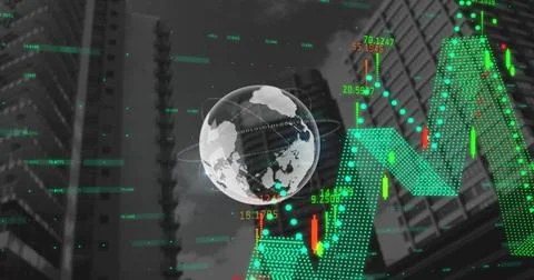 Image of globe and financial data processing over cityscape 写真素材