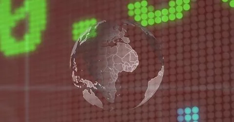 Image of globe and financial data over brown background 写真素材