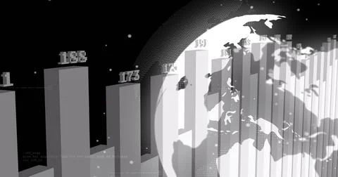 Image of globe and graph processing data on black background Stock Illustration