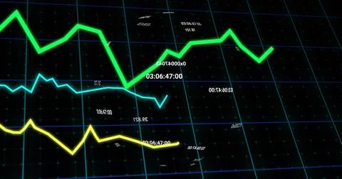 Image of globe and graphs on black background Foto stock