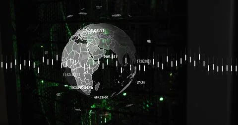 Image of globe and graphs on black background Foto stock