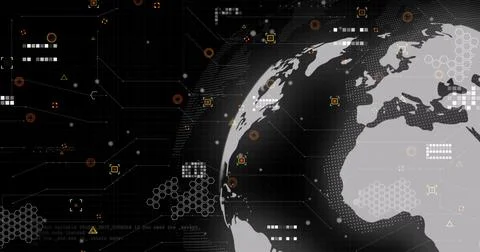 Image of globe and icons over black background Stock Photos