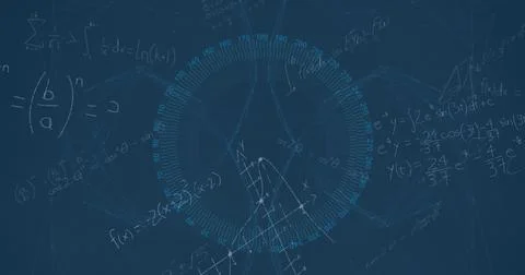 Image of globe and math formulas on blue background Stock Photos