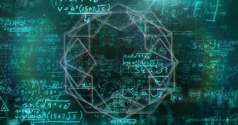 Image of globe and mathematical data processing on black background 写真素材