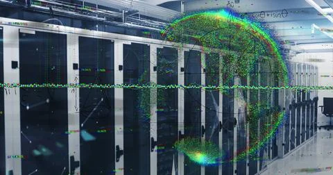 Image of globe and mathematical equations over server room Stock Photos