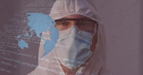 Image of globe and medical data processing over caucasian man in face mask and Stock Photos