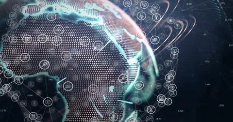 Image of globe and network of connections with icons and data processing on 库存照片