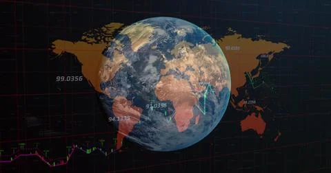 Image of globe and numbers over world map and graphs on black background Stock Illustration