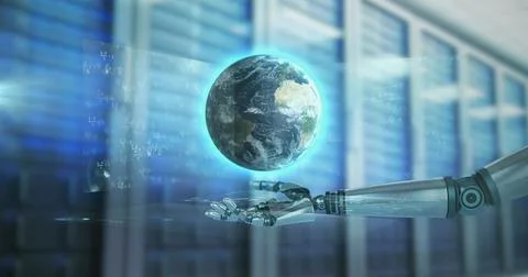 Image of globe and robotic hand over server room イラスト素材
