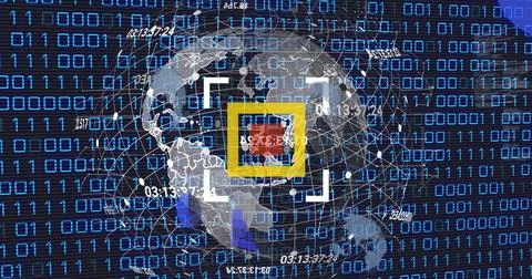 Image of globe and scanner over data processing and binary coding on black Stock Illustration