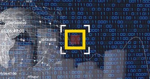 Image of globe and scanner over data processing and binary coding on black Stock Illustration