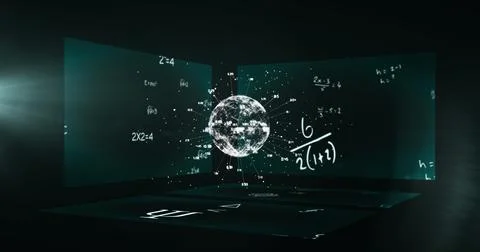 Image of globe and scientific formulae over screens Stock Illustration