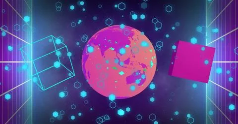 Image of globe and shapes moving on black background Illustrazione stock