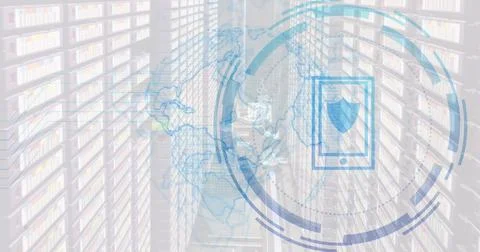 Image of globe and smartphone with digital shield over servers Stock Illustration