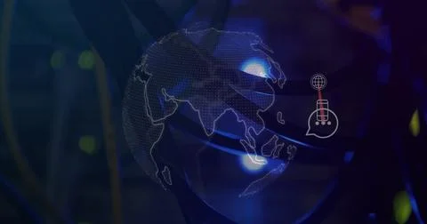 Image of globe and tech icons on navy background Illustrazione stock