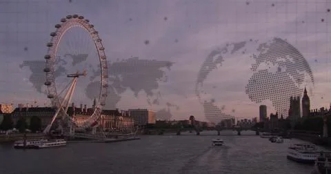 Image of globe and world map data processing over london cityscape Illustrazione stock