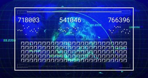 Image of globe and world map over data processing on black background Illustrazione stock