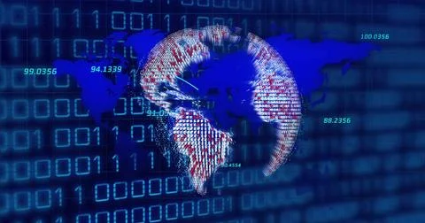 Image of globe and world map over data processing and binary coding on black Illustrazione stock